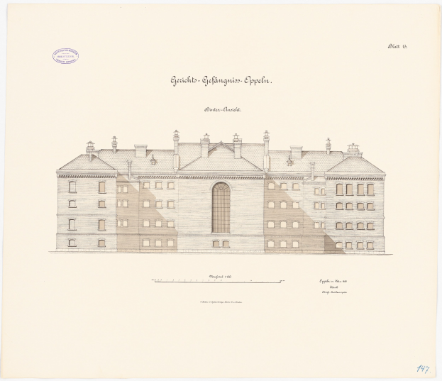 A detailed drawing of Schloss Gefangenius-Oppelin, a large building with numerous windows, on a piece of paper with additional text.