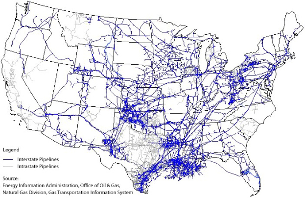 A map of the United States with blue lines representing the number of pipelines in each state, accompanied by explanatory text on the left.