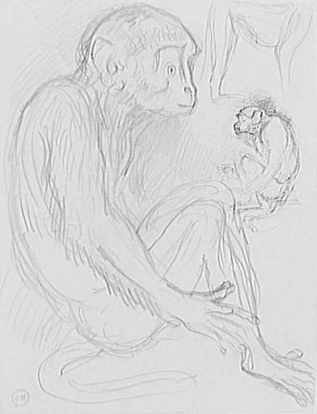 Eine Skizze eines hellbraunen Affen, der auf dem Boden sitzt und ein Baby in den Armen hält, das mit geschlossenen Augen und einem sanften Ausdruck das Baby ansieht und glücklich aussieht.