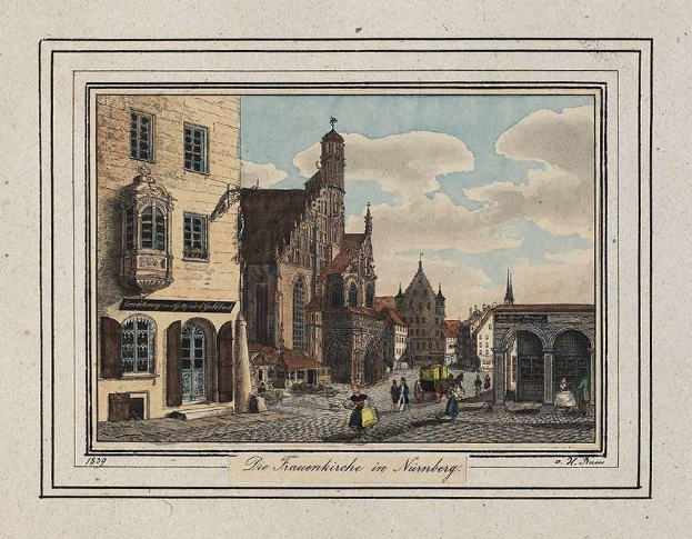 Painting of a city street with a church labeled "The Frauenkirche in Nuremberg" in the background, surrounded by buildings with windows, people, carts, and a cloudy sky.