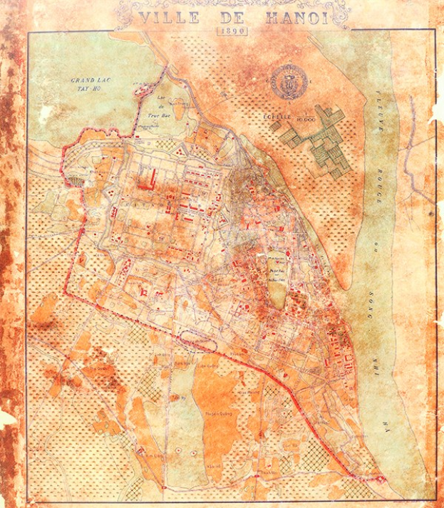 Alte Karte von Hanoi, Vietnam, zeigt Straßen, Gebäude und Sehenswürdigkeiten mit Text oben und unten.