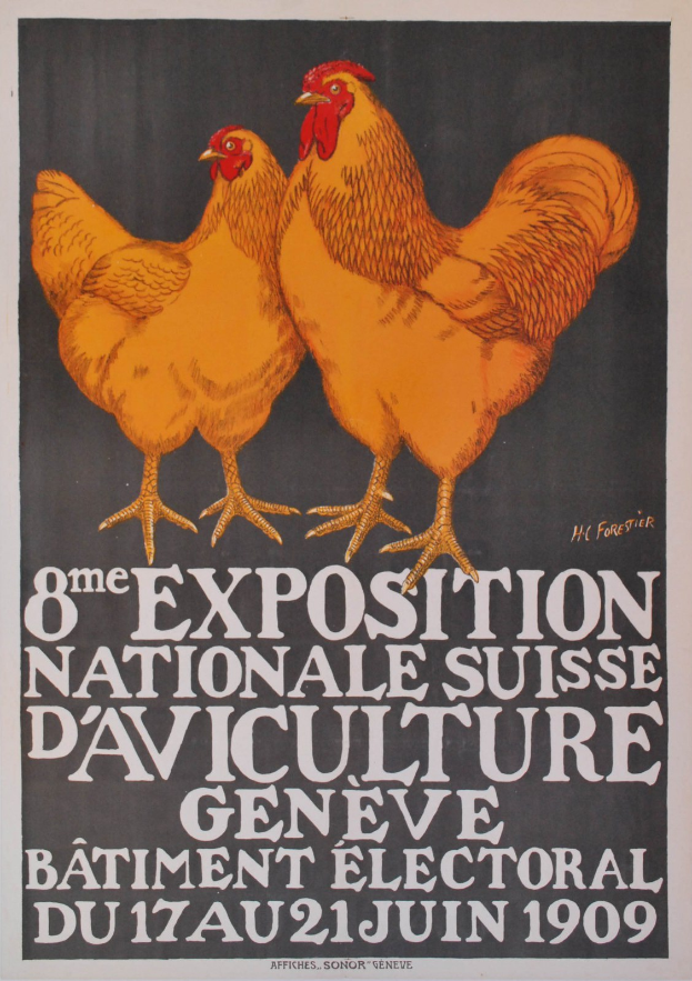 Two hens standing side by side on a poster for the Nationale Suisse d'Aviculture Geneve with text providing exhibition information.