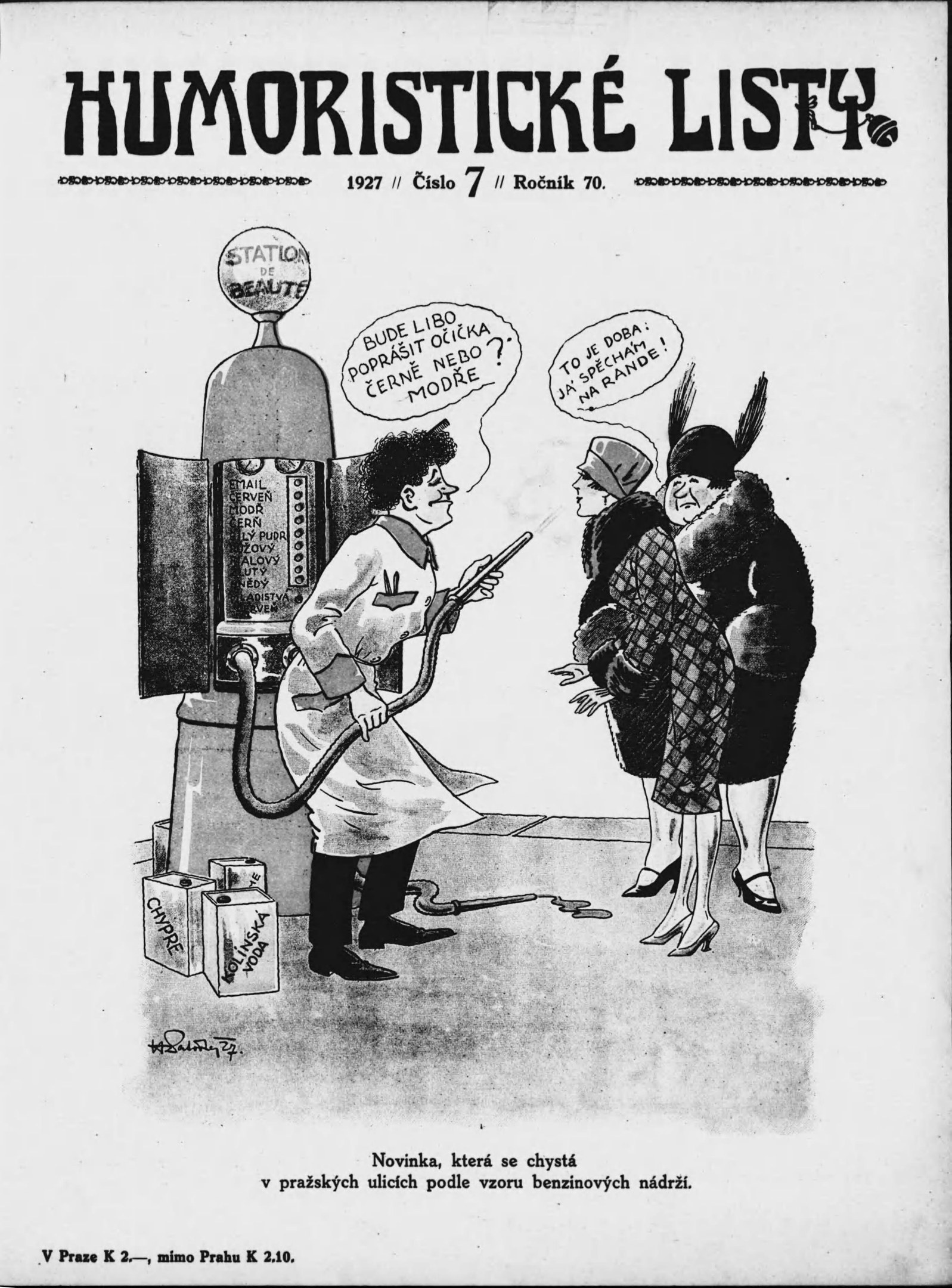 Eine Schwarz-Weiß-Zeichnung eines Mannes mit einer Pfeife und einer Frau vor einer Zapfsäule, umgeben von Kisten und der Aufschrift "humoristische Listen".