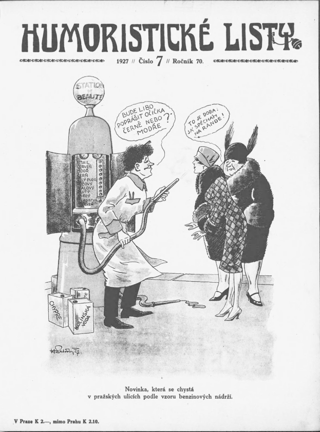 Eine Schwarz-Weiß-Zeichnung eines Mannes mit einer Pfeife und einer Frau vor einer Zapfsäule, umgeben von Kisten und der Aufschrift "humoristische Listen".