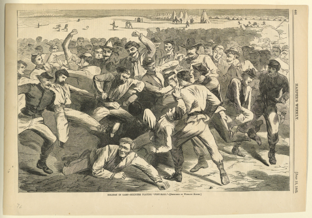 Schwarze und weiße Illustration einer alten Baseballszene mit Männern in historischer Kleidung, einige scheinen zu kämpfen, mit handgeschriebenem Text und Zahlen auf dem Papier.