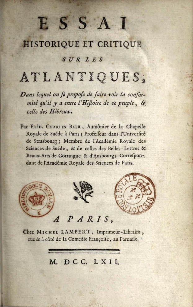 An old book open to a page with two stamps, one reading "Essai Historique et Critique sur les Atlantiques."