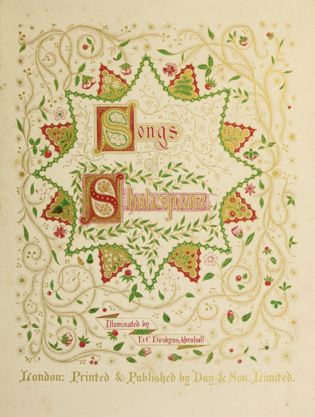 A worn book titled "Songs of Shakespeare" with an intricate floral cover design in classic typography.