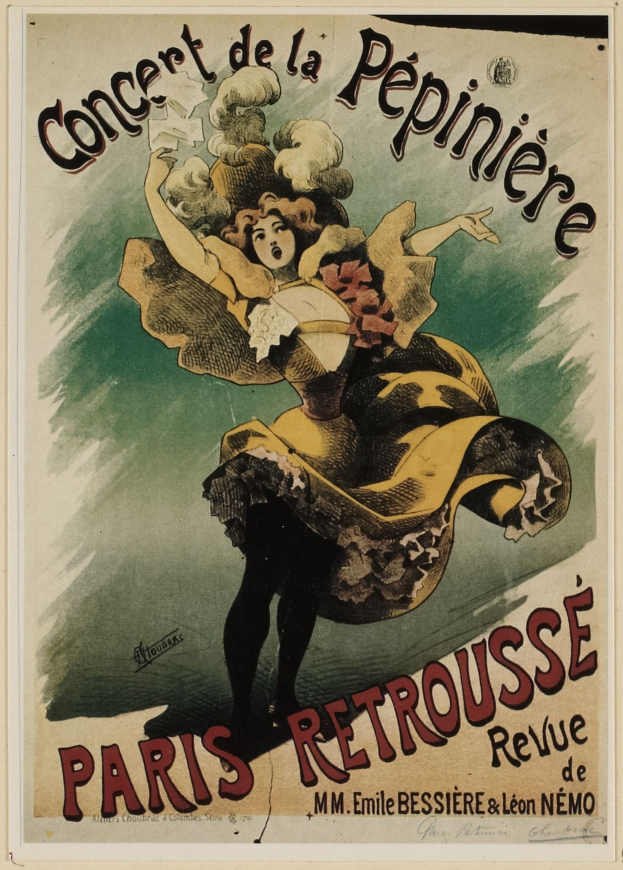 Plakat für die Paris Retroussé Revue mit einem Frauenporträt und Textinformationen.