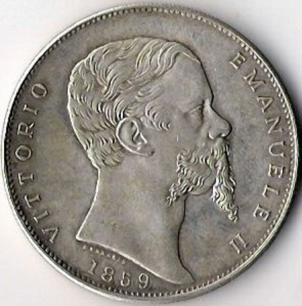 Silbermünze aus Italien, 1859, mit dem Bildnis eines bärtigen Mannes und der Inschrift "Vittorio Emanuele II".