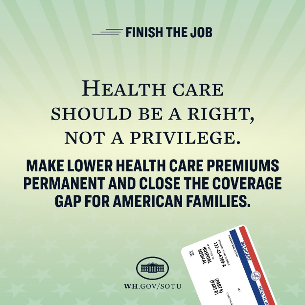 Plakat mit dem Text "Beenden Sie den Job: Gesundheit sollte ein Recht und nicht ein Privileg sein" und einer Karte mit der Aufschrift "Machen Sie niedrigere Gesundheitspremien permanent und schließen Sie die Versorgungslücke für amerikanische Familien."