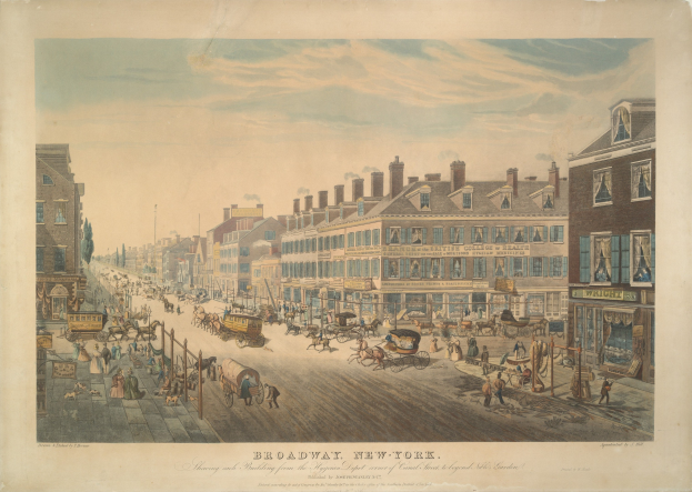 Gemälde einer New Yorker Straßenszene mit Gebäuden, Pferdewagen, Menschen, Pfosten, Bäumen und einem Himmelhintergrund, das unten Text enthält.