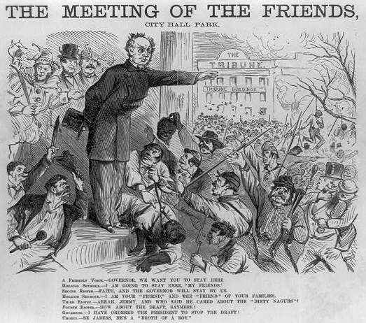 Eine handgezeichnete Abbildung auf Papier mit dem Titel "Das Treffen der Freunde, City Hall Park" zeigt eine Gruppe von Menschen, einige halten Waffen, mit einem Gebäude im Hintergrund.