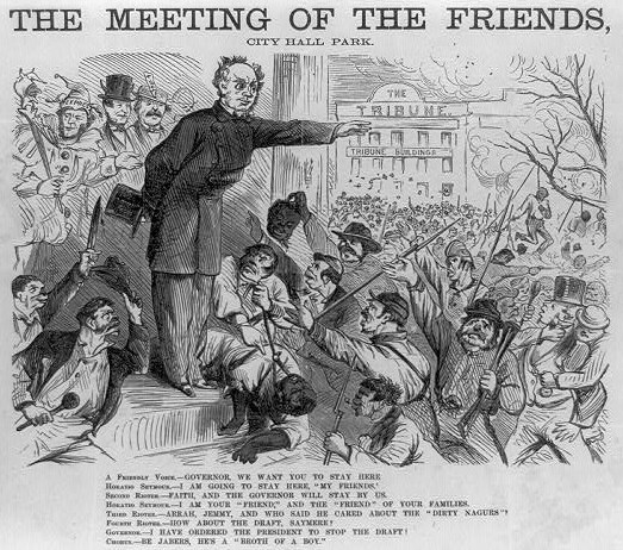 Eine handgezeichnete Abbildung auf Papier mit dem Titel "Das Treffen der Freunde, City Hall Park" zeigt eine Gruppe von Menschen, einige halten Waffen, mit einem Gebäude im Hintergrund.