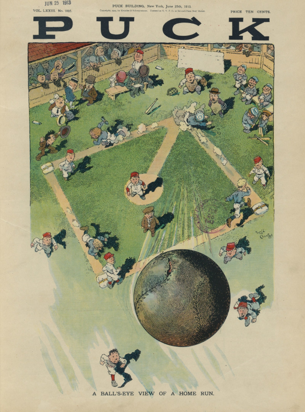 Altes Buchcover mit einer 1913er Puck Magazine-Karikatur eines Baseballspiels mit Spielern und einem Ball auf dem Feld.