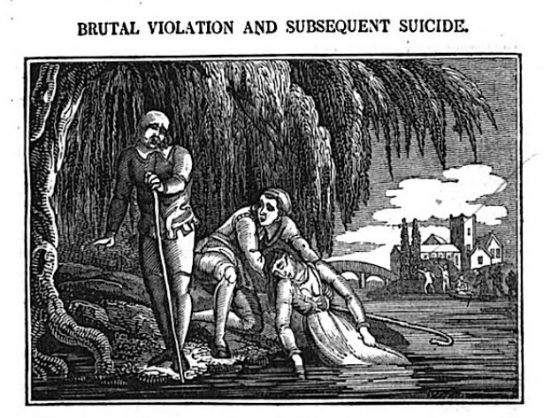 Schwarzes und weißes Bild eines Mannes, der mit einem Stock über einer Frau steht, die auf dem Boden liegt, mit Bäumen, Gebäuden und einem bewölkten Himmel im Hintergrund; Text oben und unten lautet 'brutale Gewalt und anschließender Suizid.'