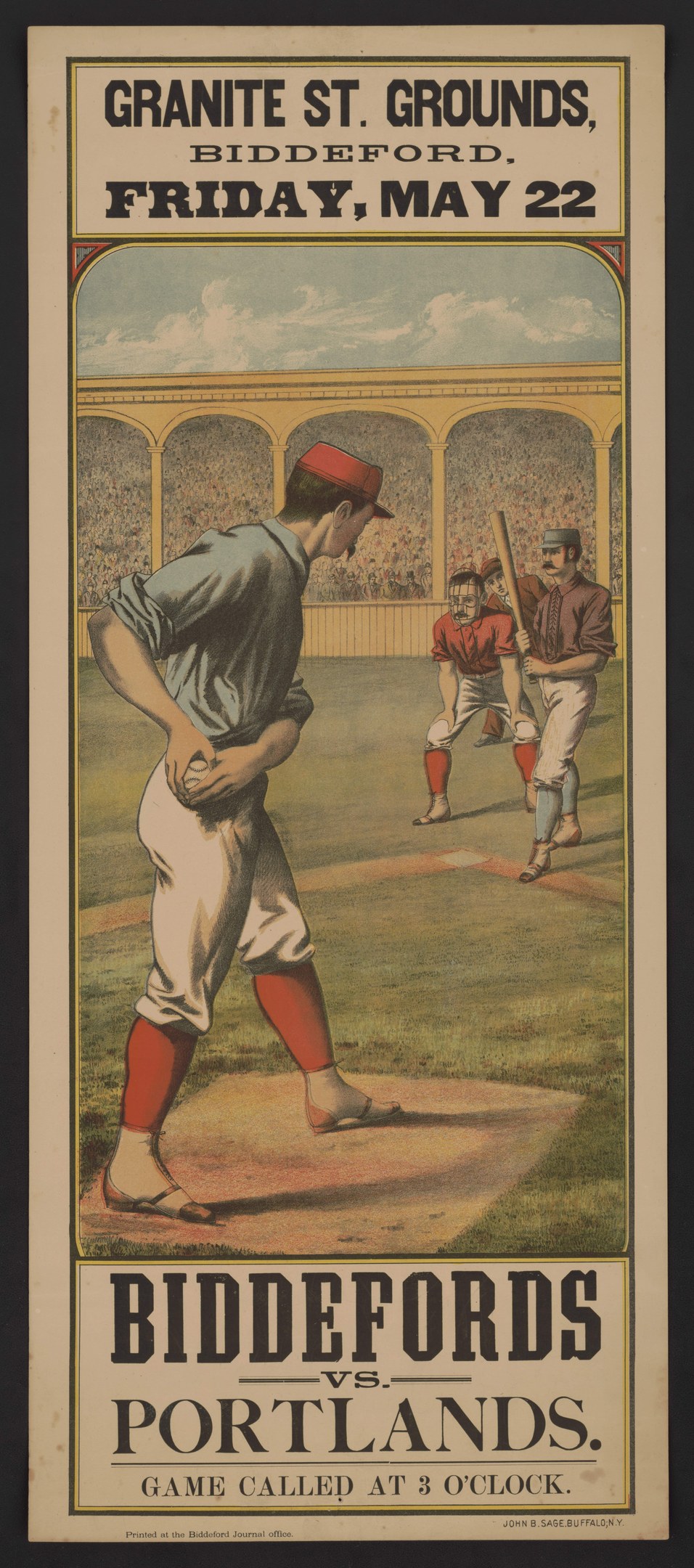 Ein Plakat für ein Baseballspiel zwischen Biddeford und Portland, das einen Spieler in Uniform mit entschlossener Miene zeigt.