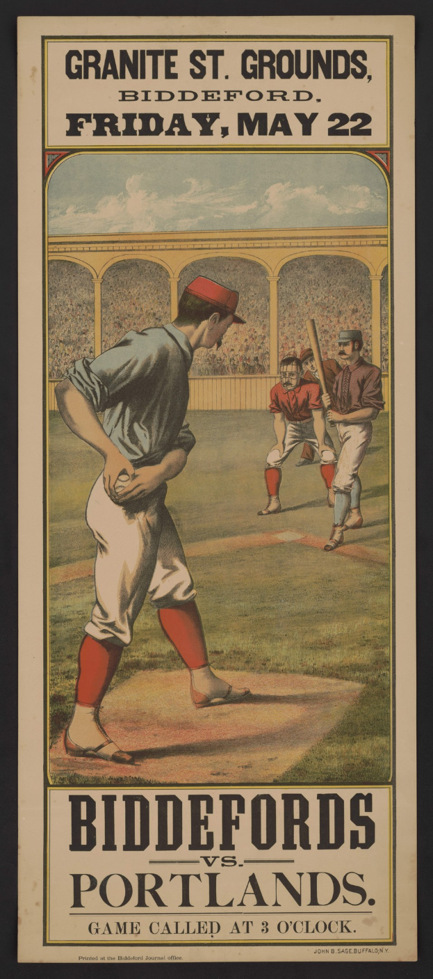 Ein Plakat für ein Baseballspiel zwischen Biddeford und Portland, das einen Spieler in Uniform mit entschlossener Miene zeigt.