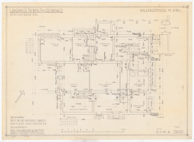 Blaupause eines Hauses mit der Bezeichnung 'Landhaus in Berlin' auf Papier gezeichnet, wahrscheinlich ein Hausplan.