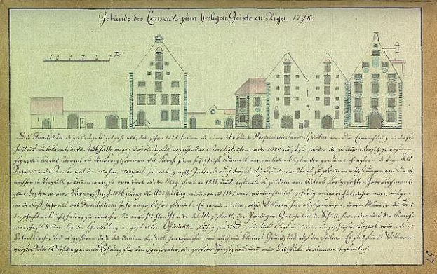 Contract for Johannes Vermeulen's 1798 house purchase in Riga, featuring a building illustration on aged paper with handwritten text.