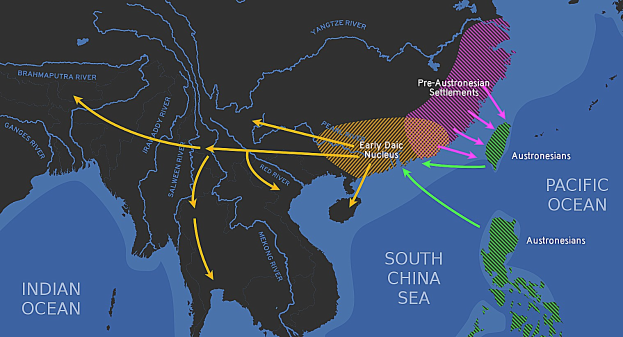 Karte des Pazifischen Ozeans mit Pfeilen, die das Ausmaß des chinesischen Reichs anzeigen, begleitet von detaillierten Textanmerkungen.