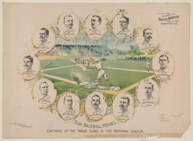 Plakat mit einer Gruppe von Baseball-Spielern auf einem Feld mit einer Menge, Bäumen und einem klaren blauen Himmel, betitelt "Unsere Baseball-Helden, Kapitäne der zwölf Clubs in der National League".