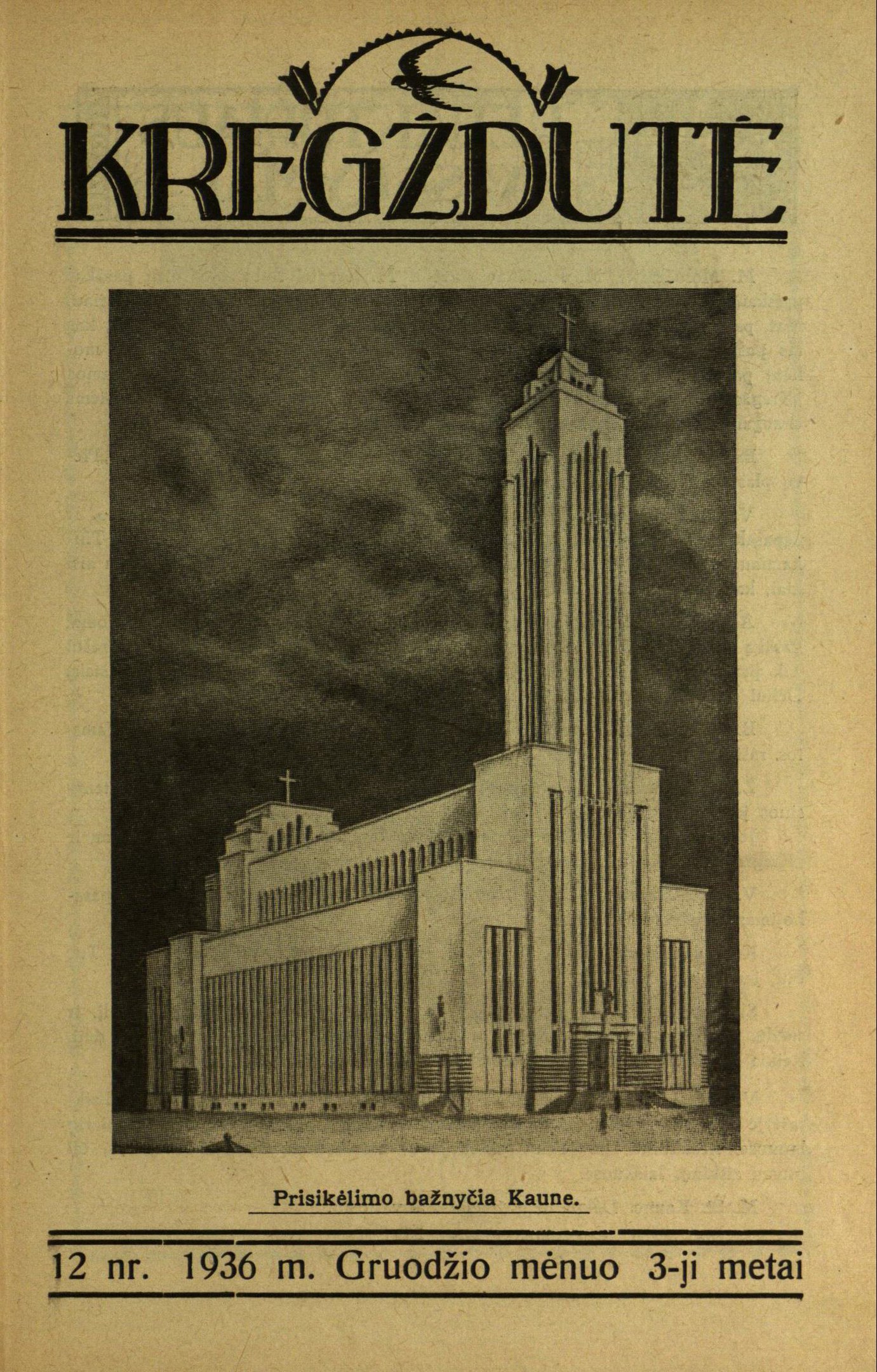 Old book with a detailed illustration of a tall building with a spire, featuring the text "Kregzdute" on its cover.