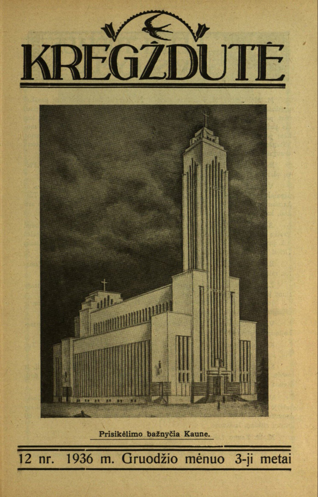 Old book with a detailed illustration of a tall building with a spire, featuring the text "Kregzdute" on its cover.