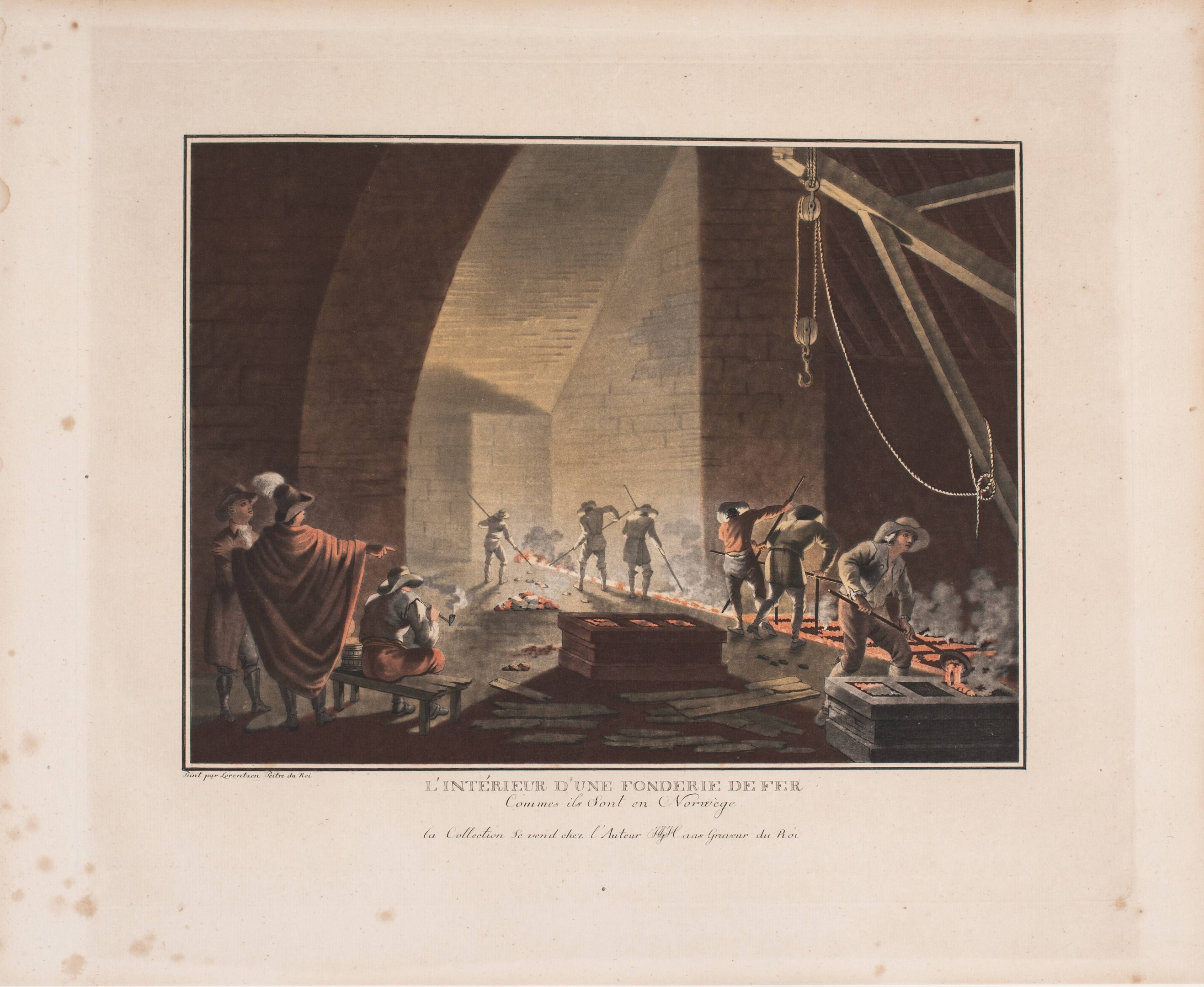 Engraving of workers in an iron foundry holding objects, with a wall in the background and text reading "L'interieur d'une fonderie de fer" at the bottom.