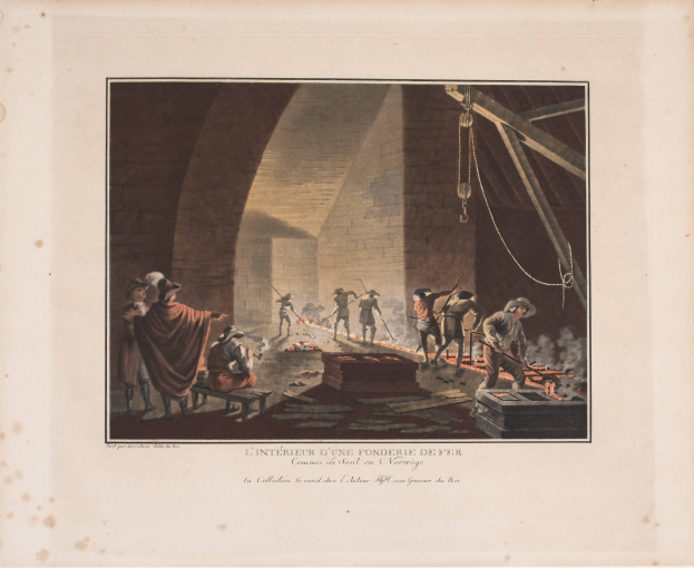Engraving of workers in an iron foundry holding objects, with a wall in the background and text reading "L'interieur d'une fonderie de fer" at the bottom.
