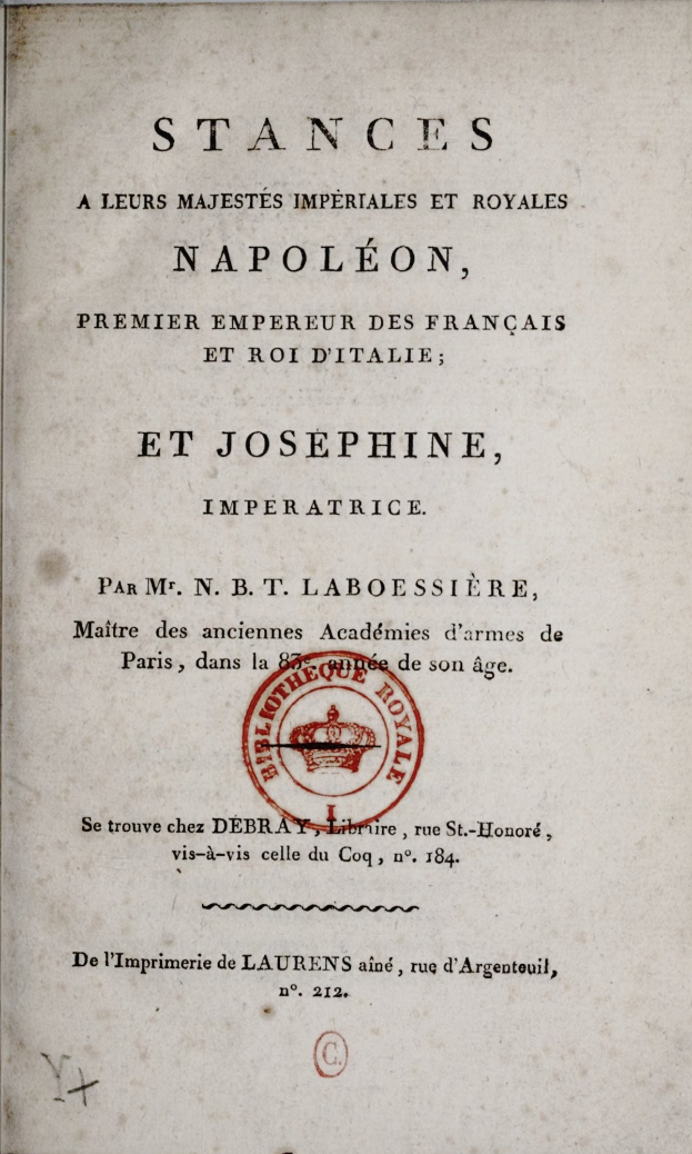 Old book with a red stamp, titled "Stances a leurs majesties imperiales et royales Napoleon, premier empereur des français et roi d'italie et josephine, imperatrice".