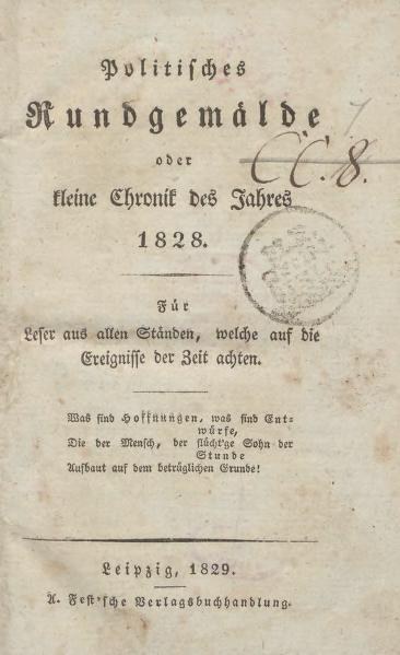 Old book titled "Politifiges Kundgemalde oder eine Chronit des Sabres" from 1828, showing a stamp on the title page with visible text and a central stamp mark.