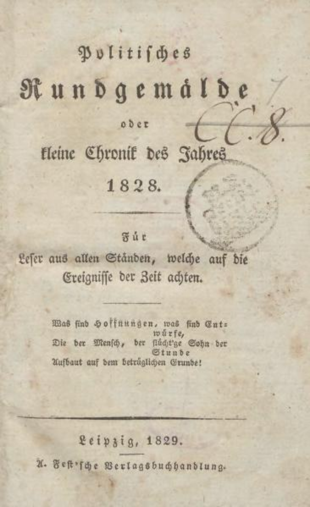 Old book titled "Politifiges Kundgemalde oder eine Chronit des Sabres" from 1828, showing a stamp on the title page with visible text and a central stamp mark.