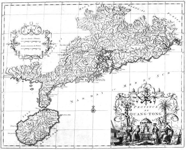 Schwarzes und weißes Plakat einer detaillierten Karte der Provinzen Quang-Tong, einschließlich geografischer Merkmale wie Flüsse und Berge, mit begleitendem Text und Illustrationen von Menschen und Bäumen.