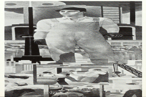 Ein Mann in Arbeitskleidung und Hut steht vor einem Gebäude, umgeben von einer Collage aus Menschen, einer Leiter und anderen Gegenständen, mit der Aufschrift "Arbeiter in New York City" unten in Schwarz-Weiß.