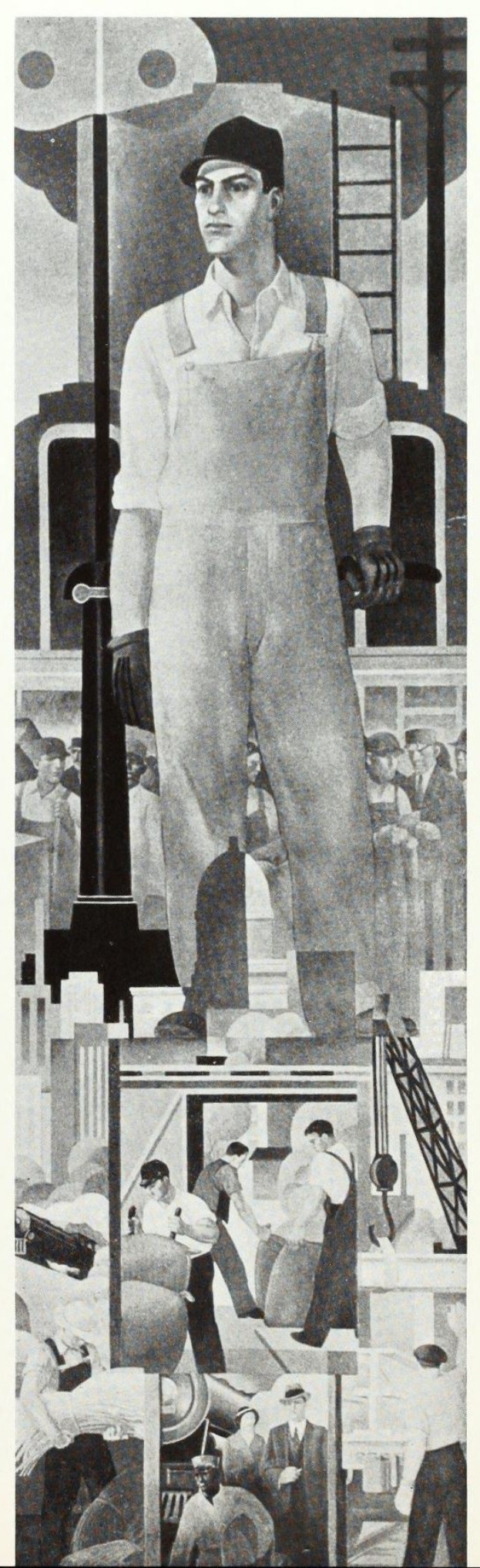 Ein Mann in Arbeitskleidung und Hut steht vor einem Gebäude, umgeben von einer Collage aus Menschen, einer Leiter und anderen Gegenständen, mit der Aufschrift "Arbeiter in New York City" unten in Schwarz-Weiß.