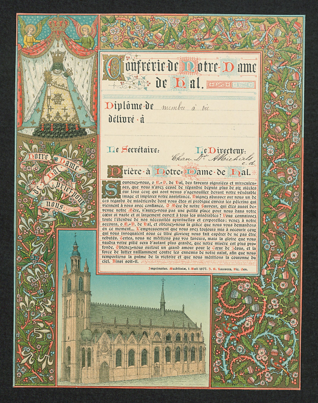 Ein gerahmtes Zertifikat mit einem zentralen Bild einer Kirche, umgeben von einem dekorativen Rahmen, auf einem alten Dokument.