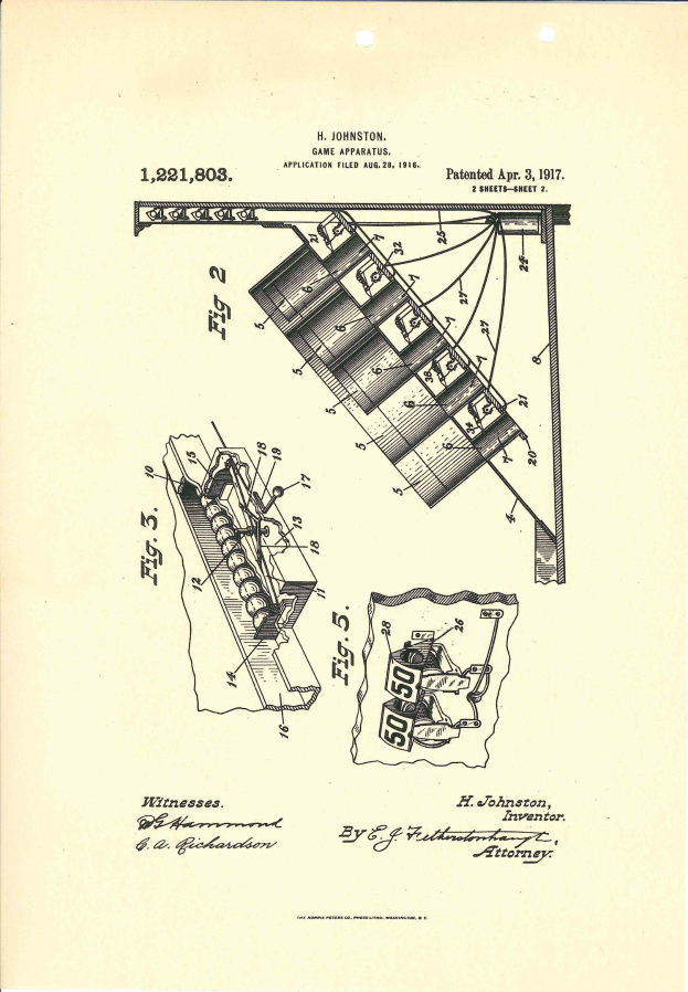 Schwarze und weiße technische Zeichnung eines patentierten Spielgeräts mit der Bezeichnung "Game Apparatus Patent 1,221,803" und nummerierten Bauteilen.