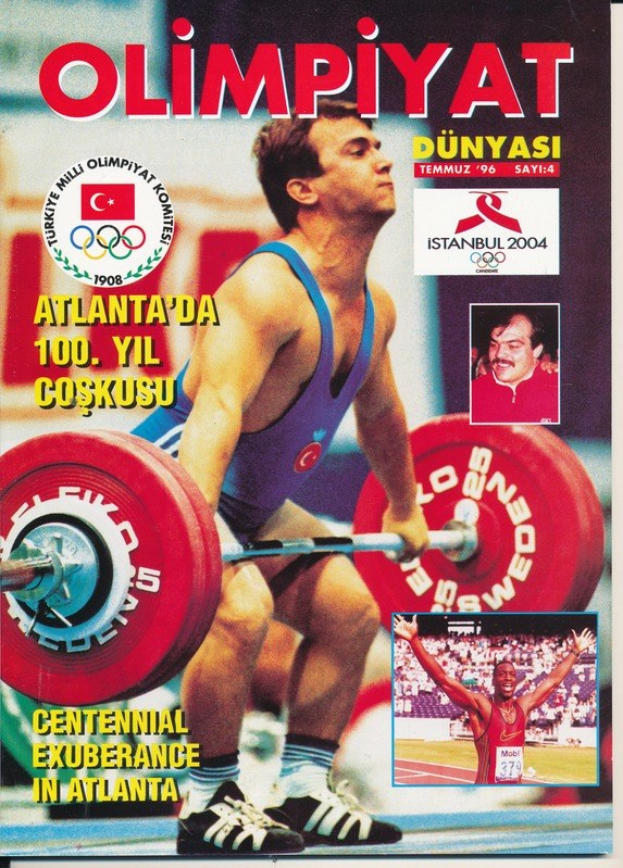 Ein Plakat eines Mannes in einem Gewichtheber-Outfit, der eine Hantel mit Entschlossenheit vor einem Publikum hochhebt, umgeben von Bildern von Menschen und Text.