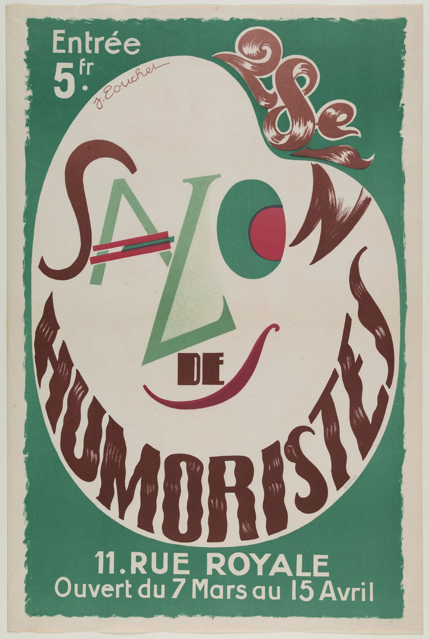 Plakat für eine humoristische Salonveranstaltung in Paris, Frankreich, mit Text, der die Angebote beschreibt.