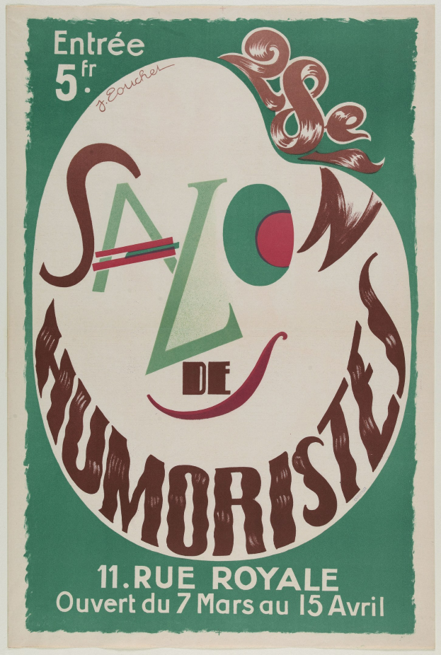 Plakat für eine humoristische Salonveranstaltung in Paris, Frankreich, mit Text, der die Angebote beschreibt.