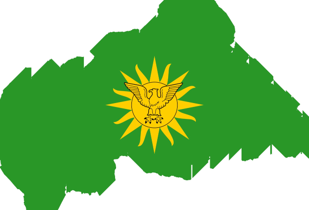 Eine Karte von Kasachstan mit der Flagge des Landes in der Mitte, die grüne und gelbe Farben auf einem weißen Hintergrund zeigt.