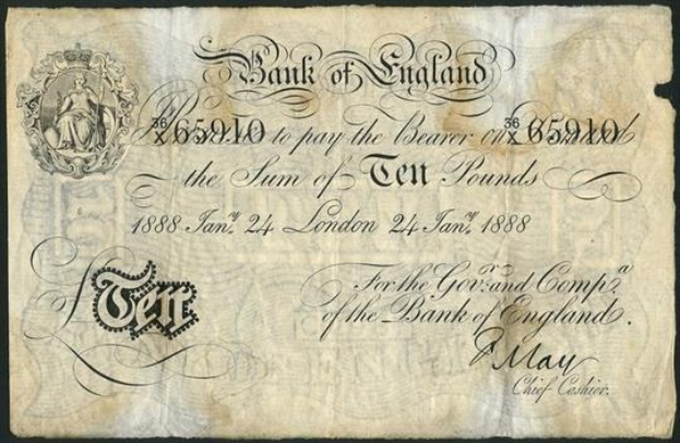 Ein schwarzer Hintergrund zeigt eine alte Banknote der Bank of England mit einem Porträt eines Mannes, auf dem der Text "Bank of England" zu sehen ist.