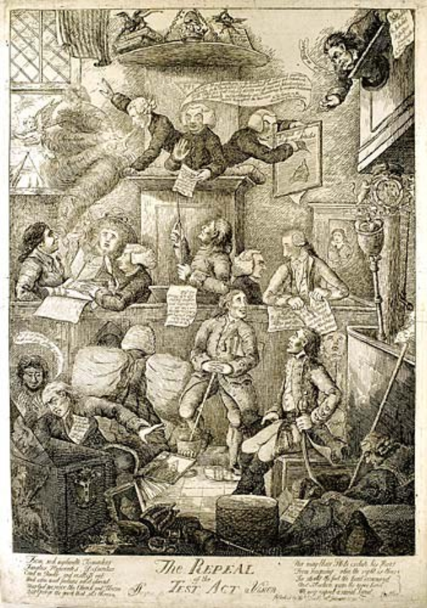 Gravur von Menschen, die um einen Tisch in einem Raum sitzen, einige halten Papiere mit dem Text "Die Aufhebung des Test Act" unten sichtbar.