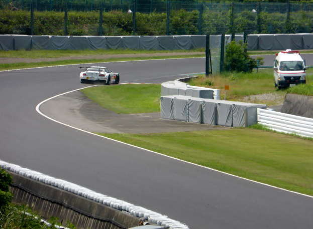 Ein Rennwagen fährt auf einer Rennstrecke mit einem Polizeiwagen im Hintergrund, umgeben von Gras, Pflanzen, Bäumen, Zäunung und einem Fahrzeug auf der rechten Seite des Bildes.