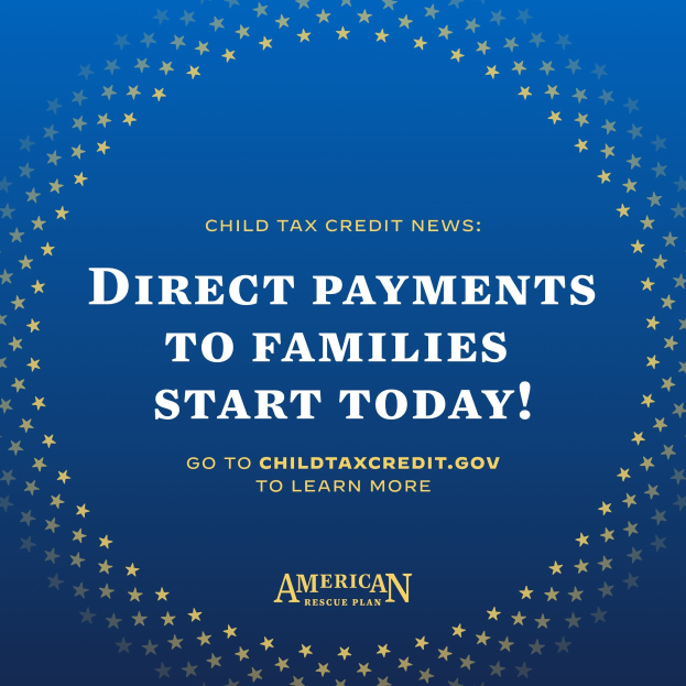 Plakat mit dem Text 'Direkte Zahlungen an Familien beginnen heute' umgeben von einem Stern-Design.