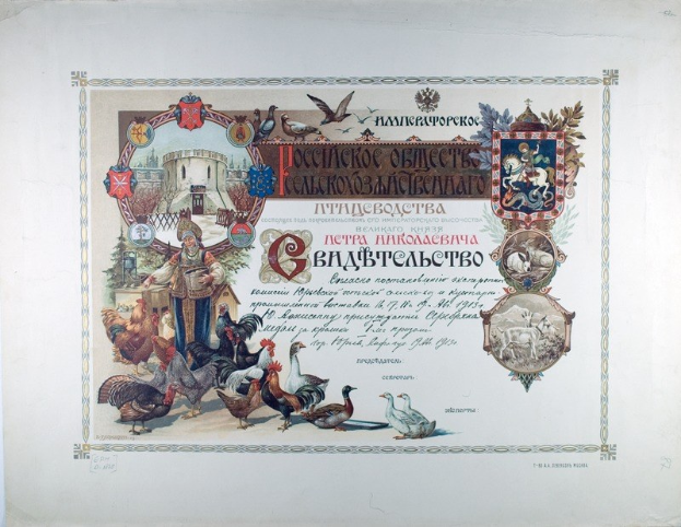 Von der Russischen Föderation ausgestelltes Zertifikat mit einer Illustration eines Mannes, der zwischen Hähnern steht, umgeben von verschiedenen Vogel- und Objektillustrationen, mit gedrucktem Text.