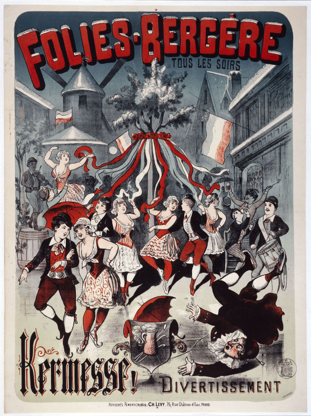 Plakat für das Folies-Bergère-Festival in Paris, Frankreich, das eine Gruppe von Menschen zeigt, die tanzen, mit Gebäuden, Flaggen und einem Baum im Hintergrund und französischem Text oben und unten.