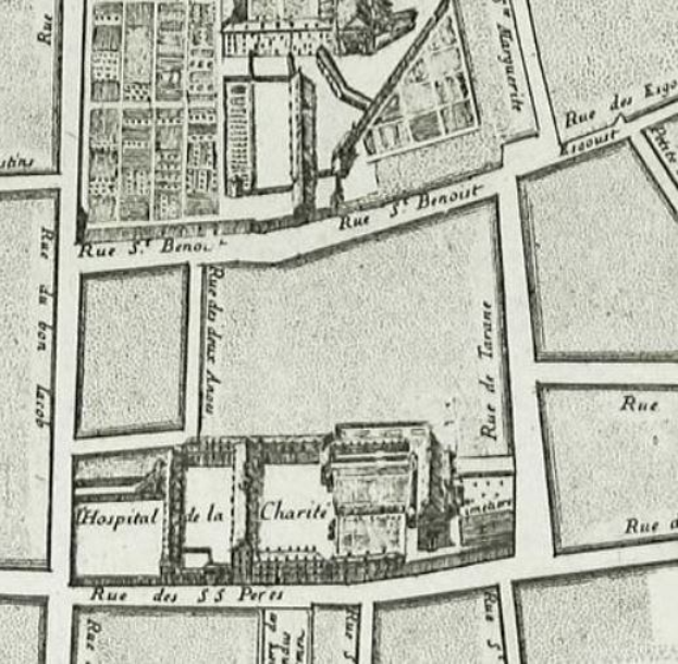Black and white map of Paris, France, with the location of the Hôpital de la Charité marked in the center.