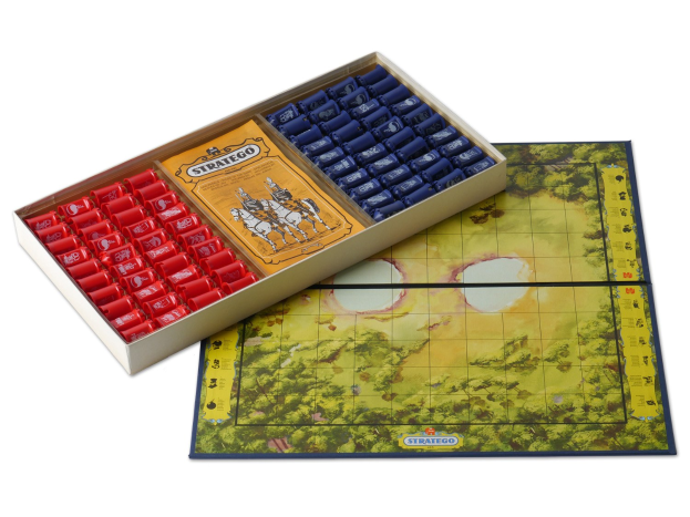 A rectangular game box with a colorful, detailed world map on the lid, containing strategy game pieces inside.