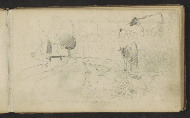 Offenes Buch mit dem Titel "Studie für die Studie der Kühe" von Joseph Mallord William Turner, das eine Zeichnung von zwei grasenden Kühen in einem Feld mit Bäumen und Pflanzen zeigt.